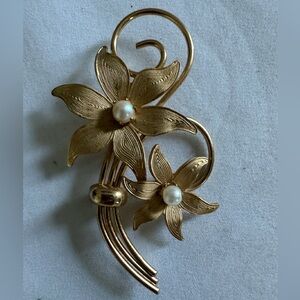 Gold Floral Brooch with Pearl Accent